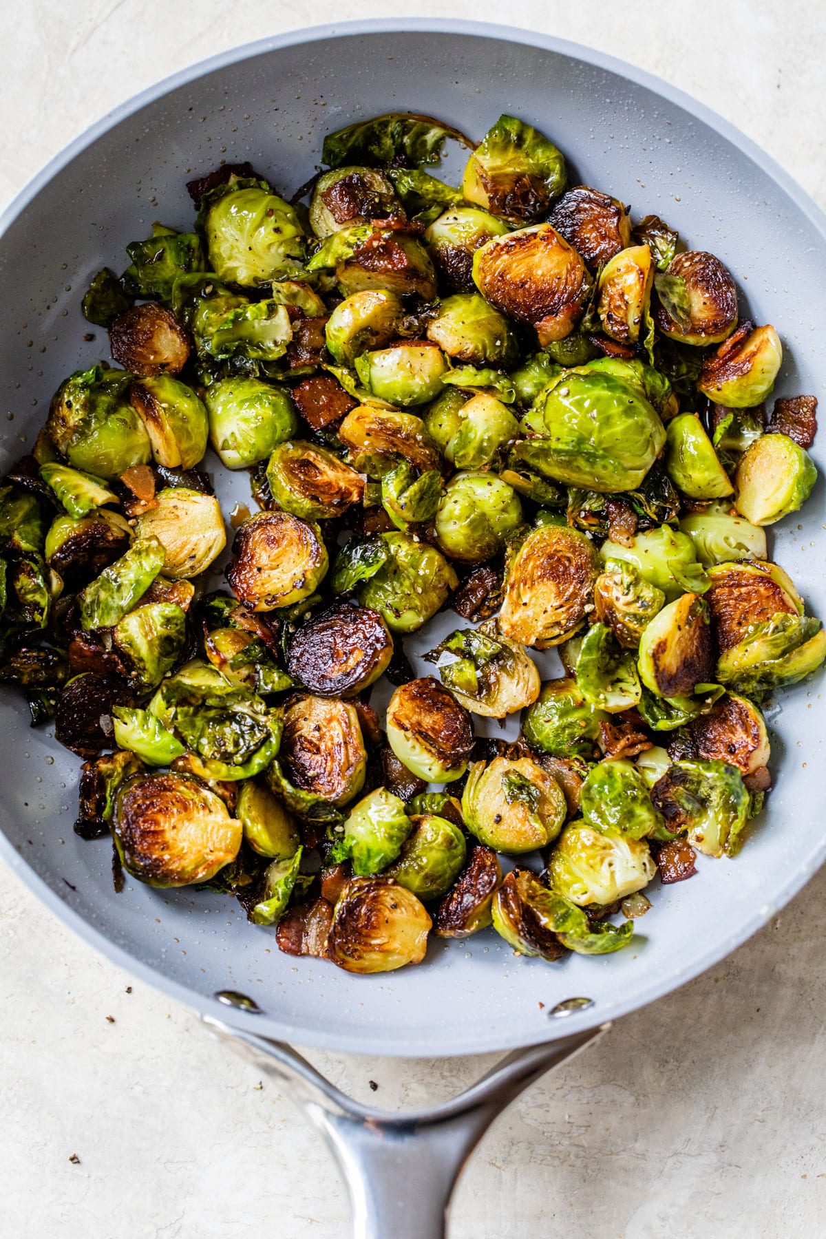 roasted brussels sprouts in a skillet