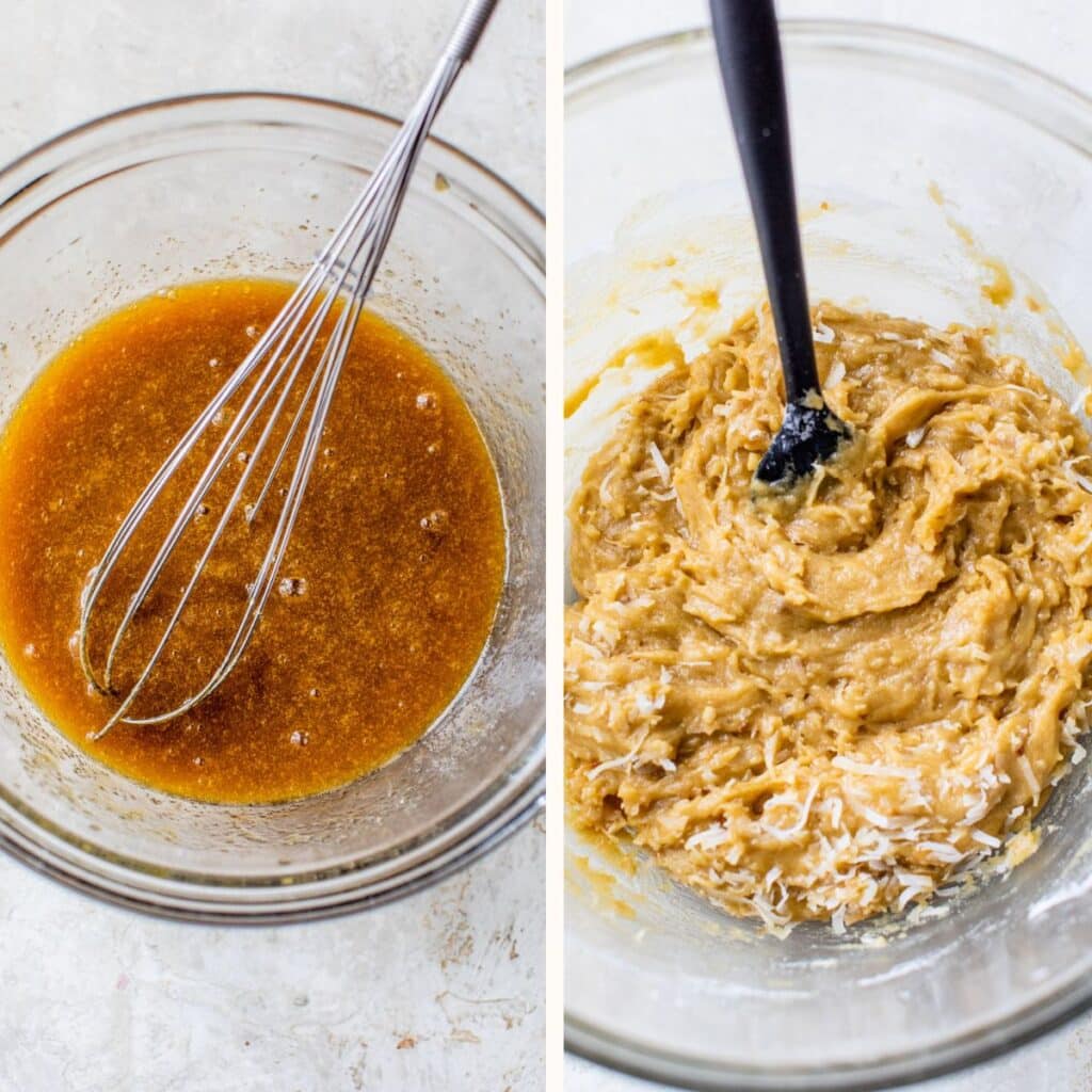 whisked butter and eggs in a mixing bowl on the left and cookie batter on the right