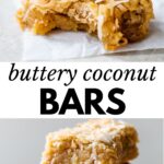 coconut bar with a bite taken out of it and a stack of bars with text overlay