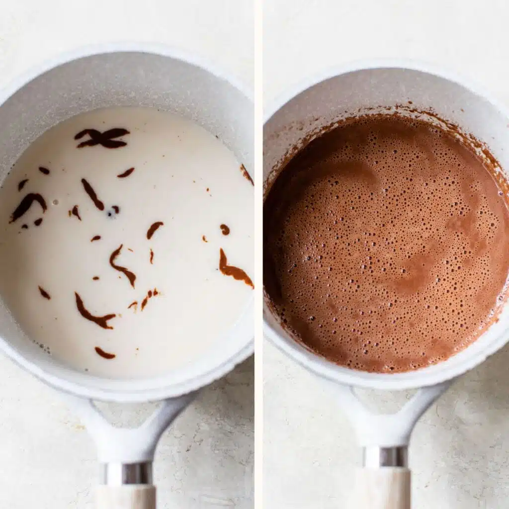 saucepan with milk and chopped chocolate on the left and with melted chocolate milk on the right