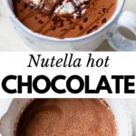 hot chocolate in a mug and hot chocolate in a saucepan with text overlay