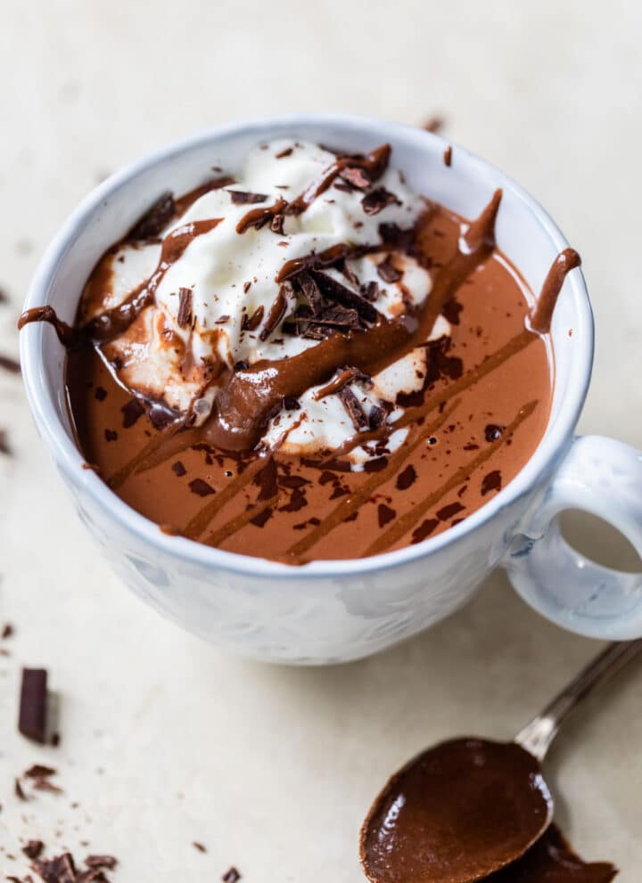 mug of hot chocolate with whipped cream and melted chocolate