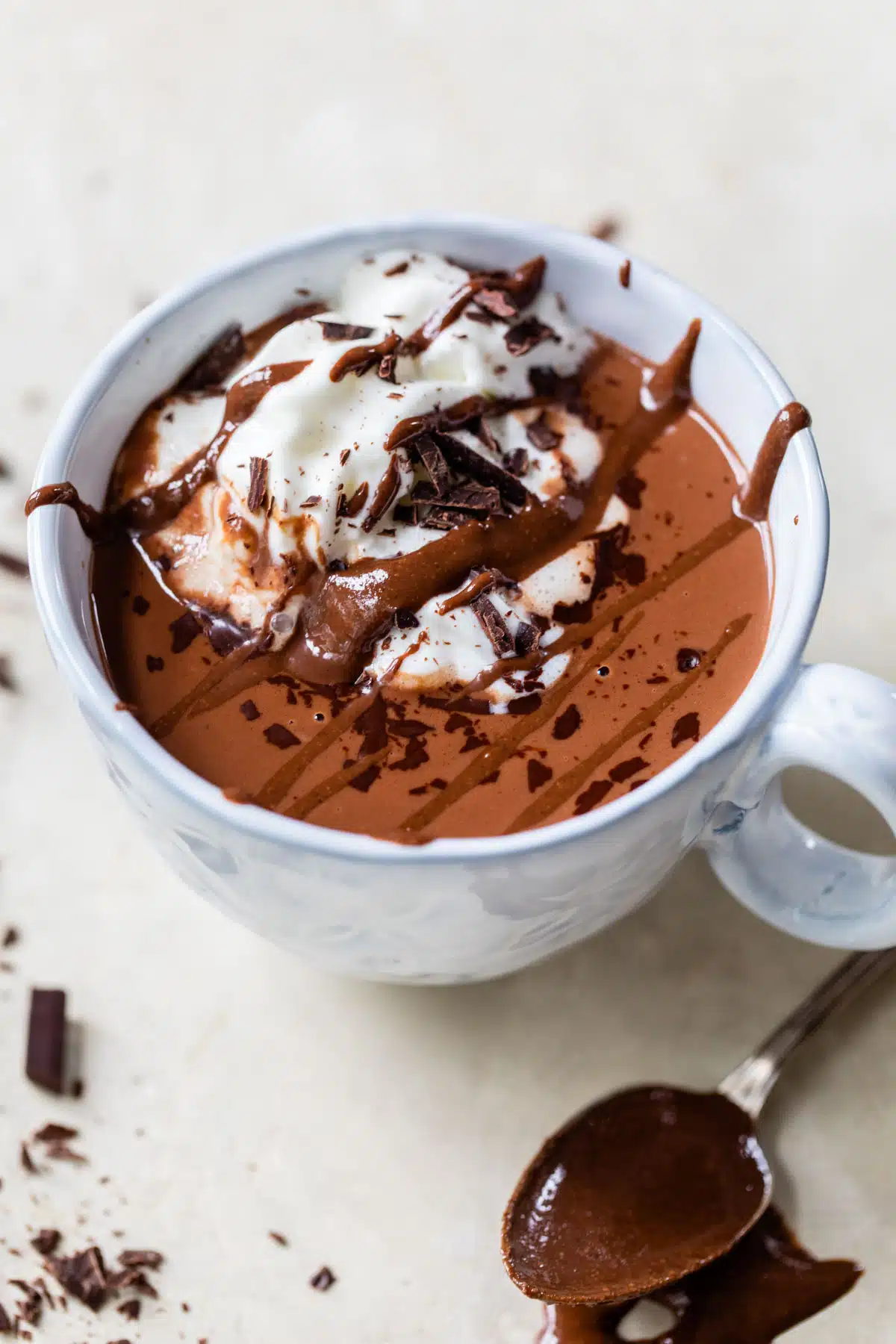 mug of hot chocolate with whipped cream and melted chocolate