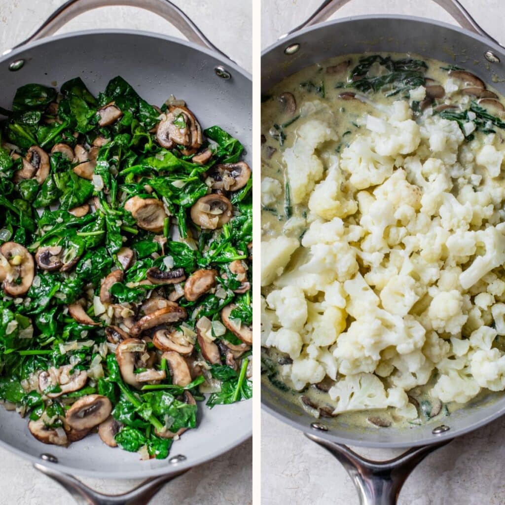cooked mushrooms and spinach in a skillet on the left and with cooked cauliflower on the right
