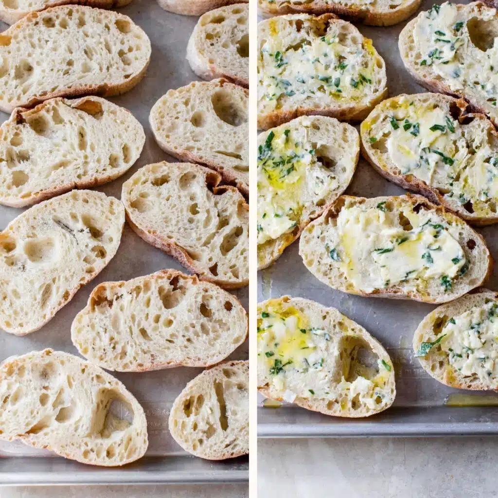 bread slices on a baking sheet on the left and smeared with garlic butter on the right