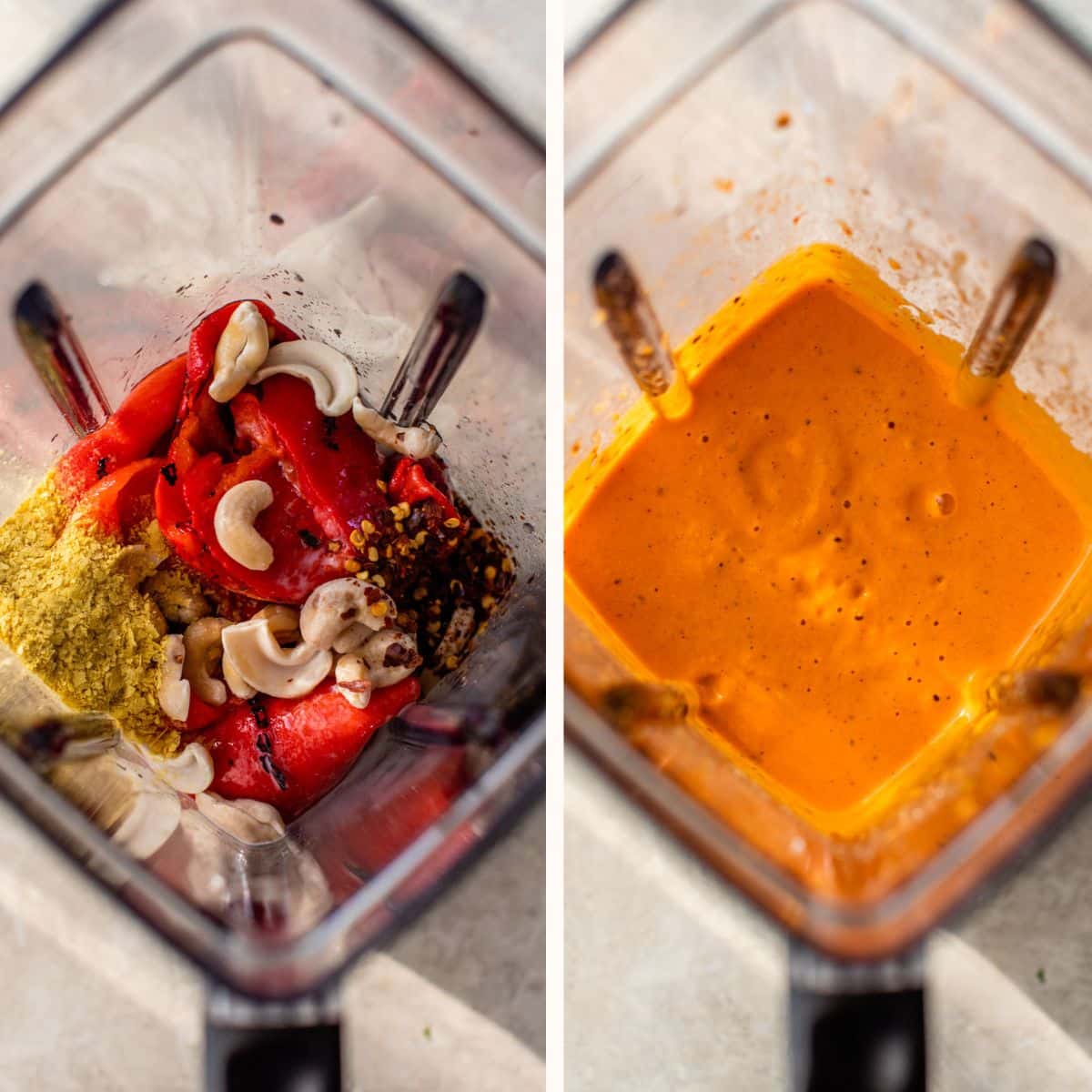 red peppers, cashews and nutritional yeast in a blender on the left and blended into sauce on the right