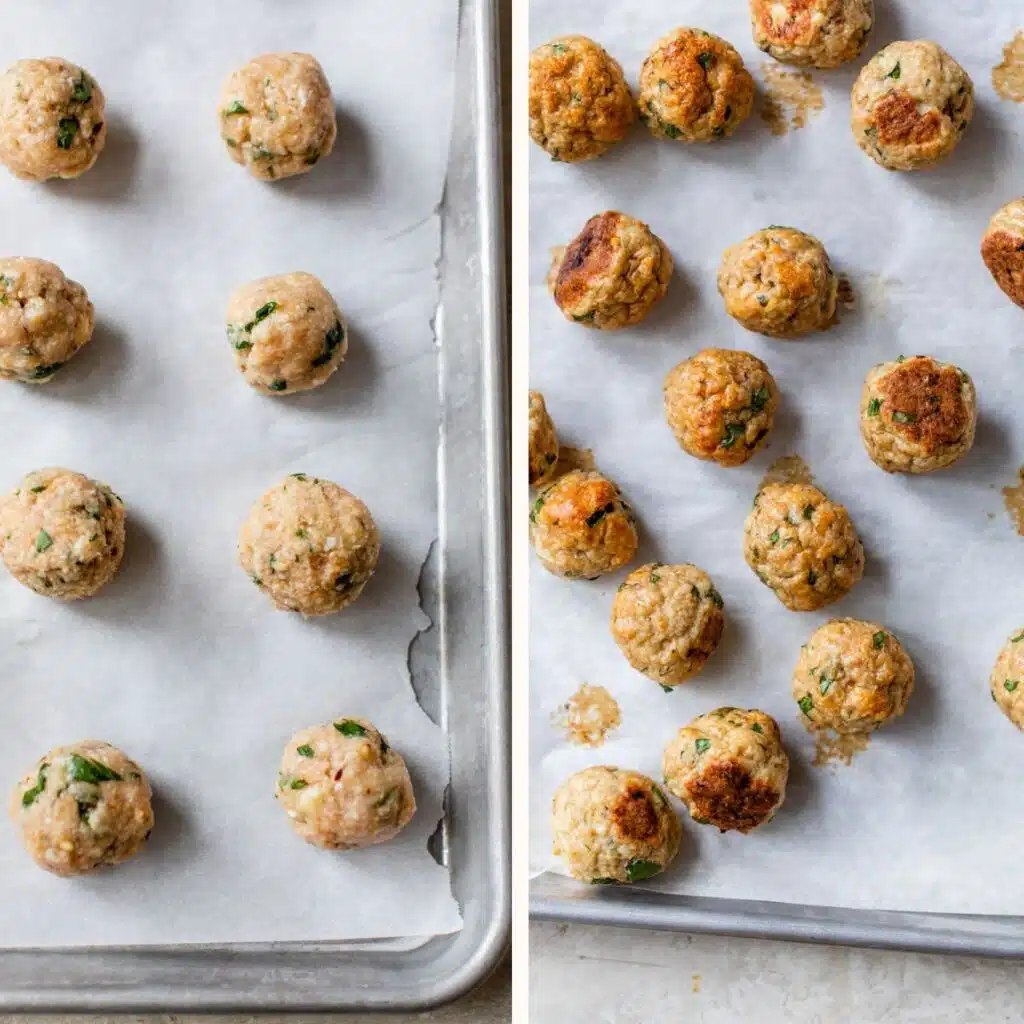 unbaked and baked meatballs on a parchment-lined baking sheet