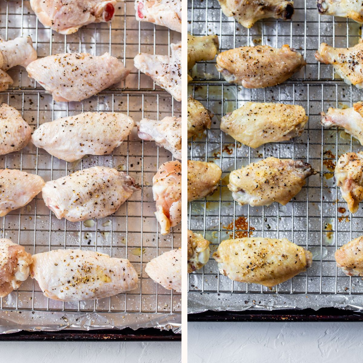 raw chicken wings on a baking sheet on the left and baked on the right