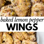 chicken wings in a bowl and close up with text overlay