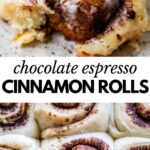 cinnamon roll on a plate and cinnamon rolls stacked together with text overlay
