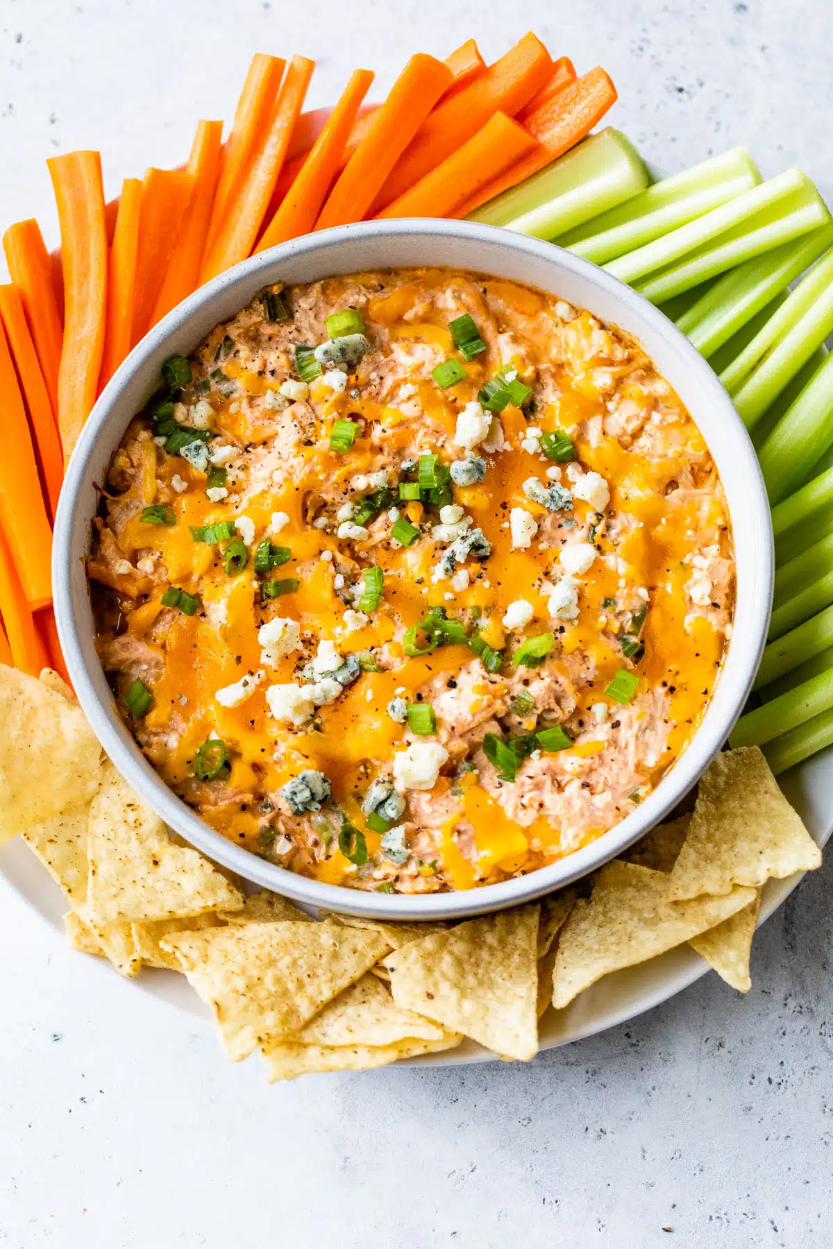 a bowl of dip on a large plate surrounded by tortilla chips, carrots and celery