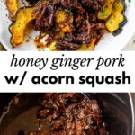roasted acorn squash topped with pork on top and pulled pork in a crockpot on bottom