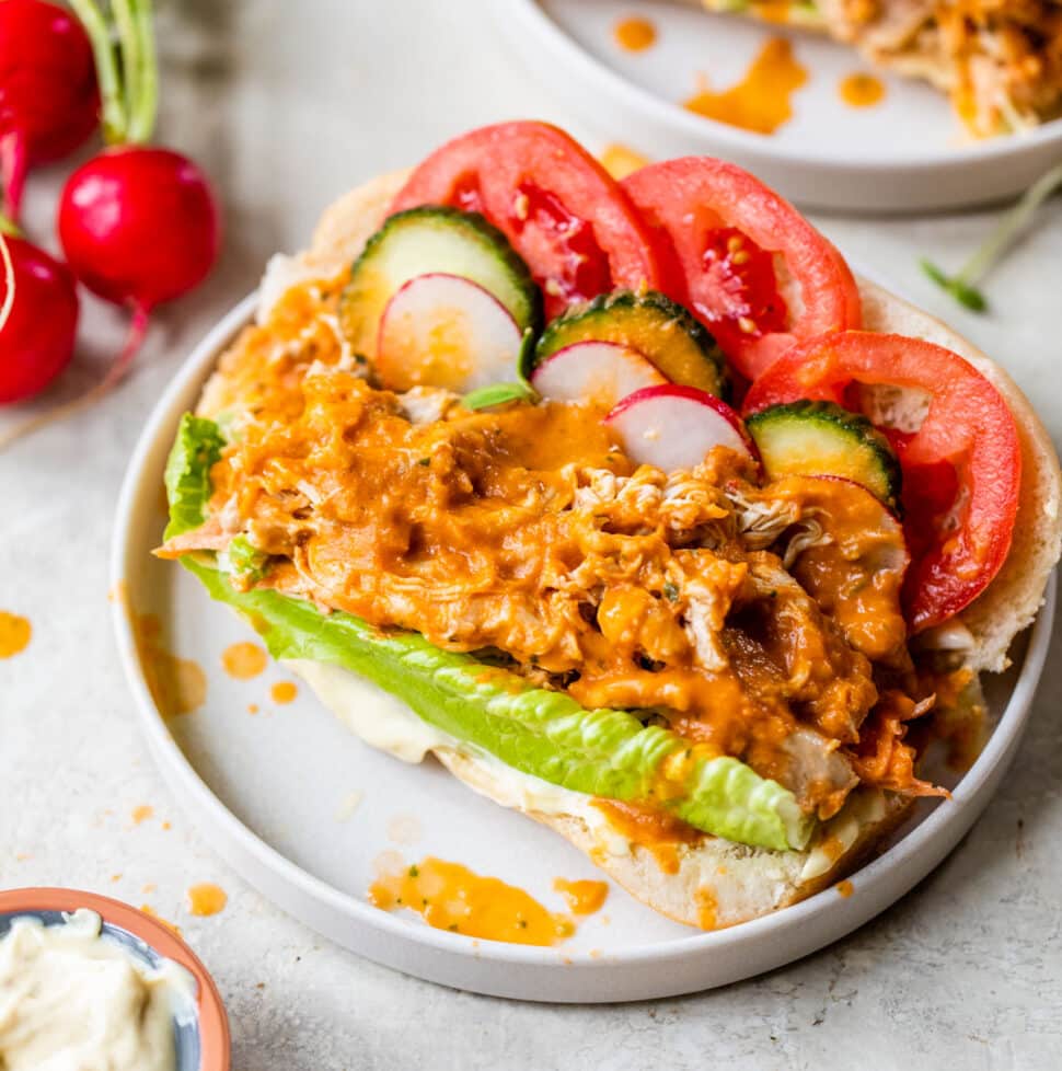 hoagie roll topped with pulled chicken, vegetables and sauce