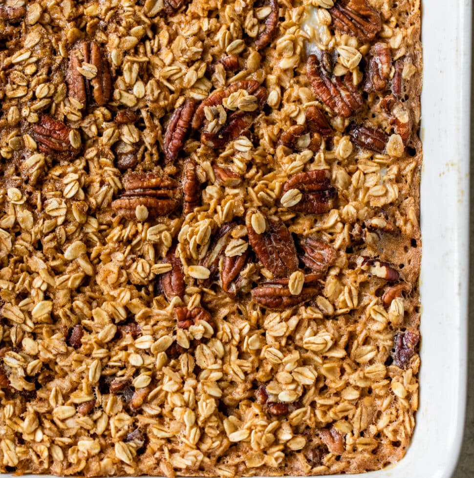 baked oatmeal with pecans in a casserole dish