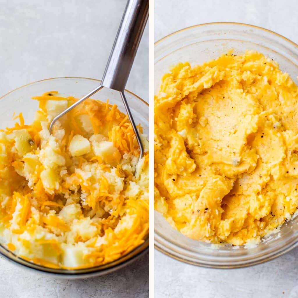cooked potatoes, onion and shredded cheese in a bowl on the left and mashed together on the right