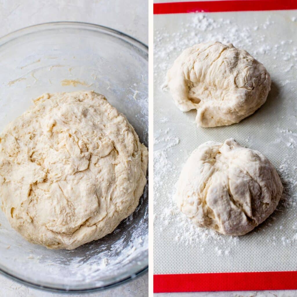 dough in a mixing bowl on the left and divided into two balls on the right