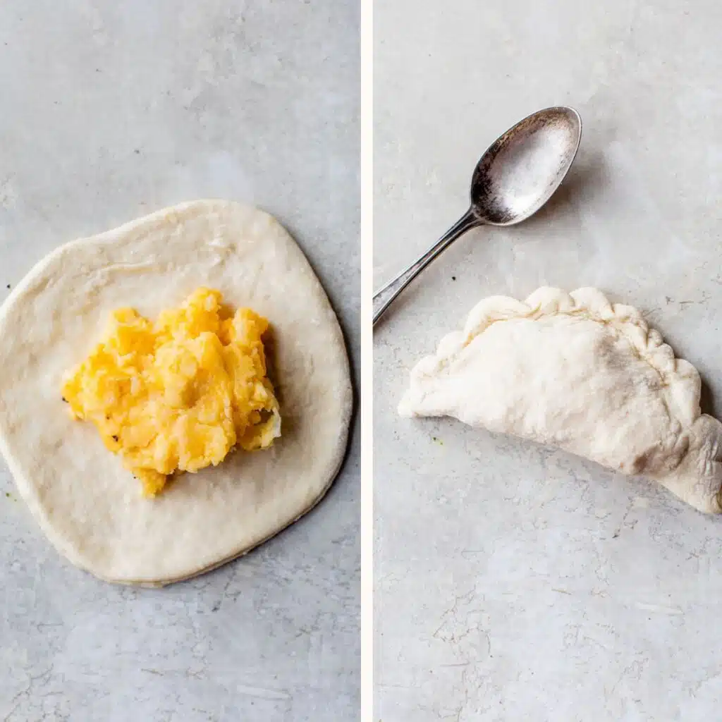 circle of dough filled with cheesy mashed potatoes on the left and folded into a pierogi on the right