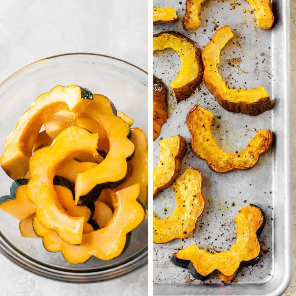 raw sliced acorn squash in a bowl on the left and roasted acorn squash on a baking sheet on the right