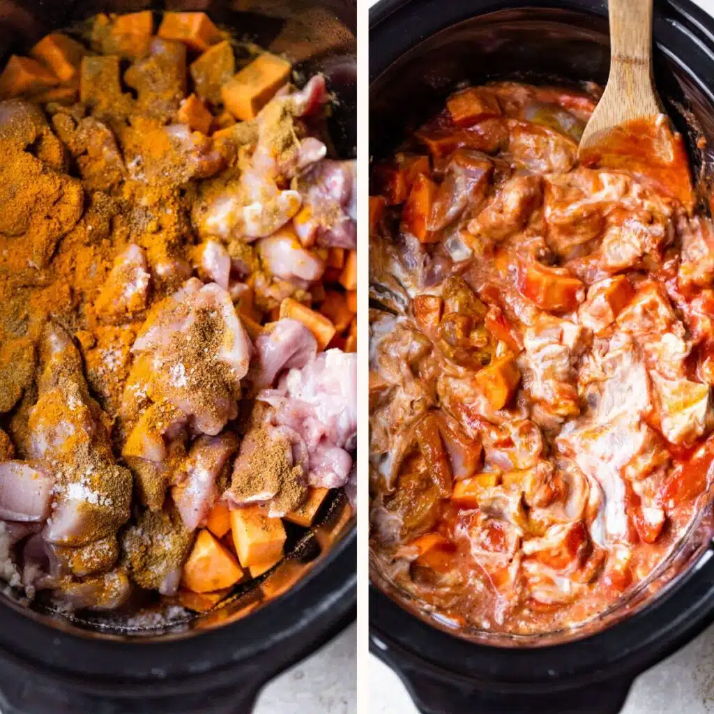 chicken thighs and spices in a slow cooker