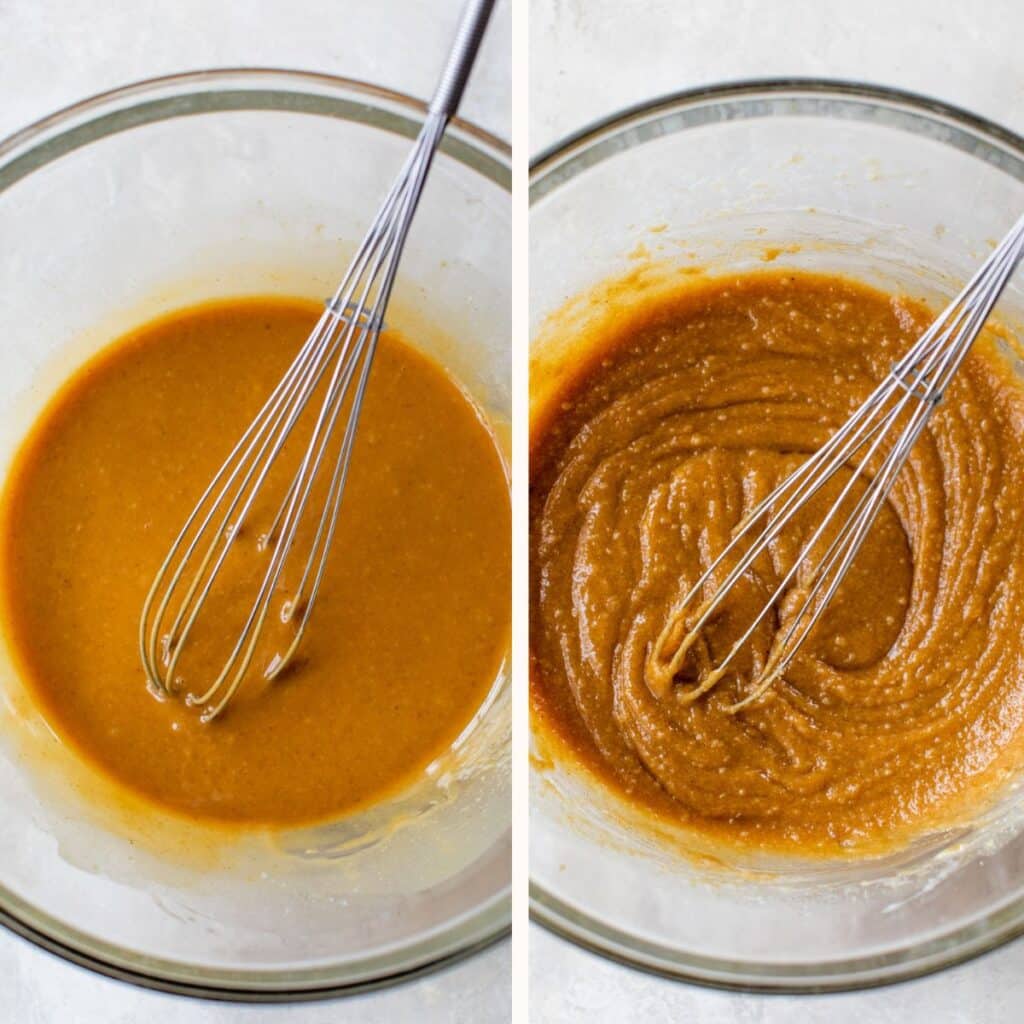 peanut butter in a large glass mixing bowl with a hand whisk
