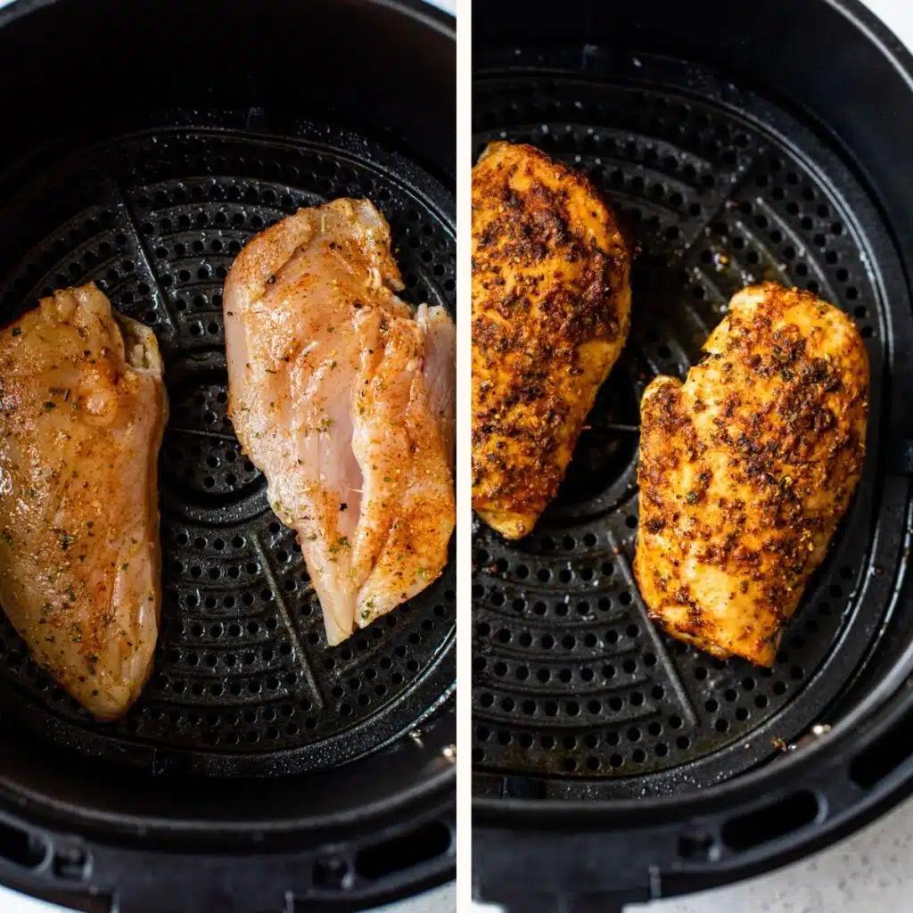 raw seasoned chicken breast in an air fryer on the left and cooked chicken on the right