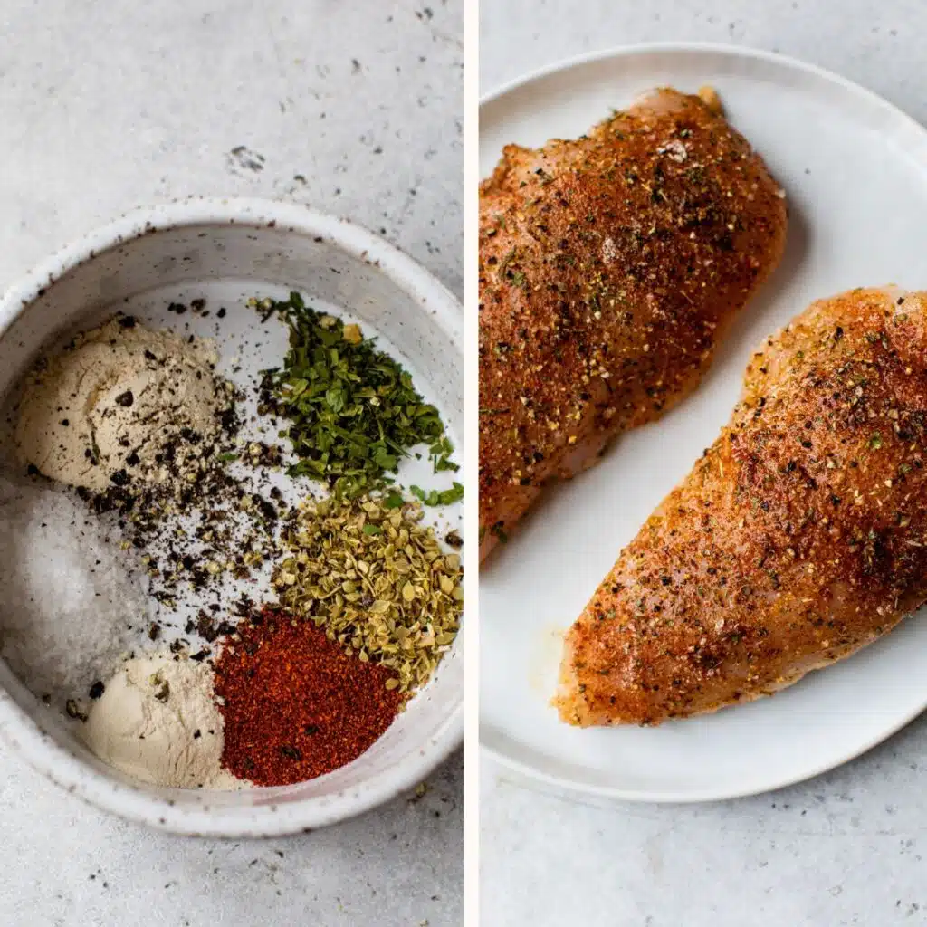 a small bowl of seasonings on the left and raw chicken breasts topped with seasoning mixture on the right