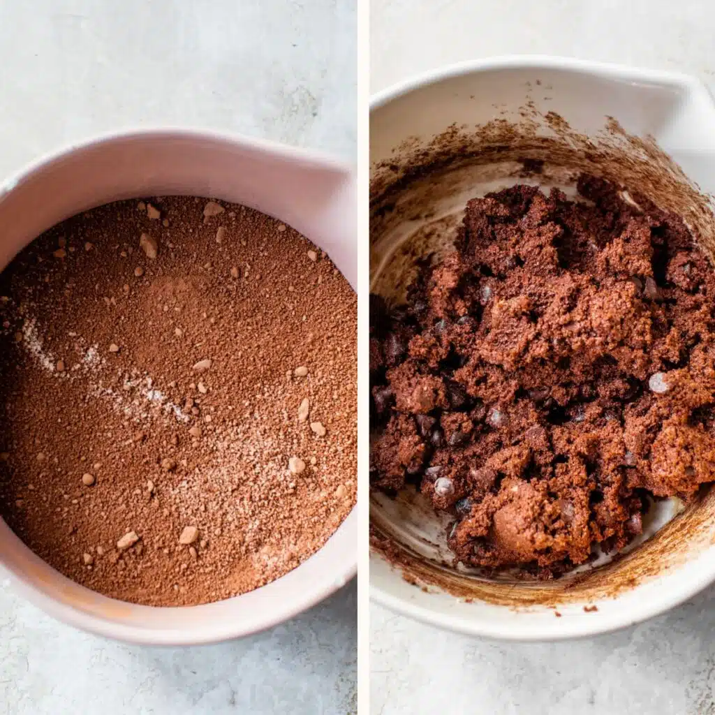 cocoa powder and flour in a bowl on the left and chocolate cookie dough in a bowl on the right