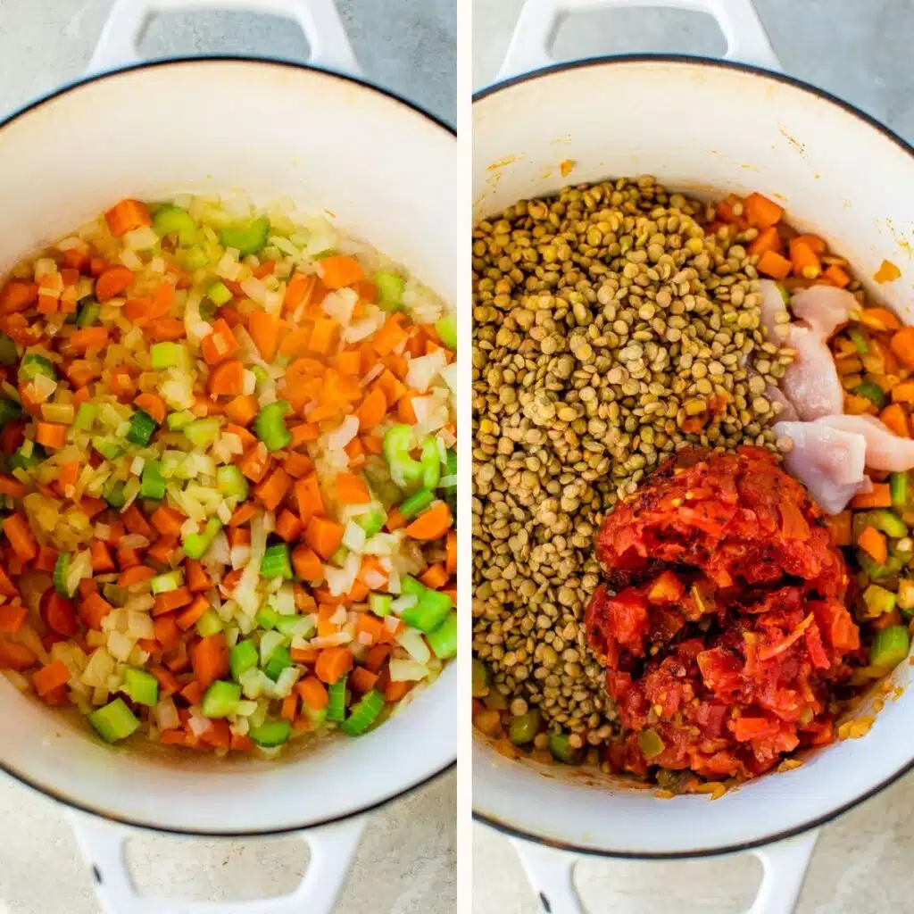 onion, carrots, celery in a dutch oven on the left and with raw chicken, green lentils and diced tomatoes on the right