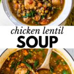 a bowl of soup with chicken and lentils on top and the same soup in a pot on bottom