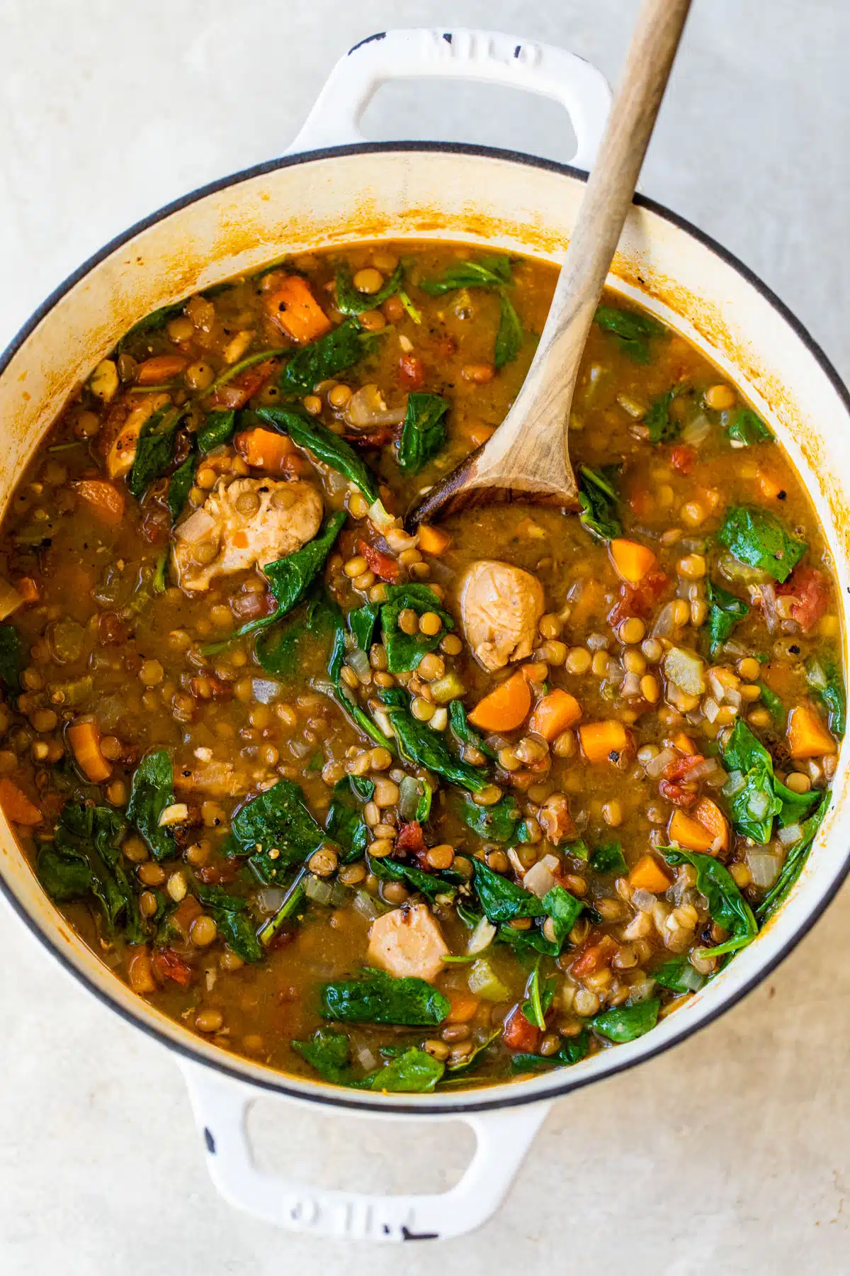 dutch oven of soup with chicken, green lentils and spinach