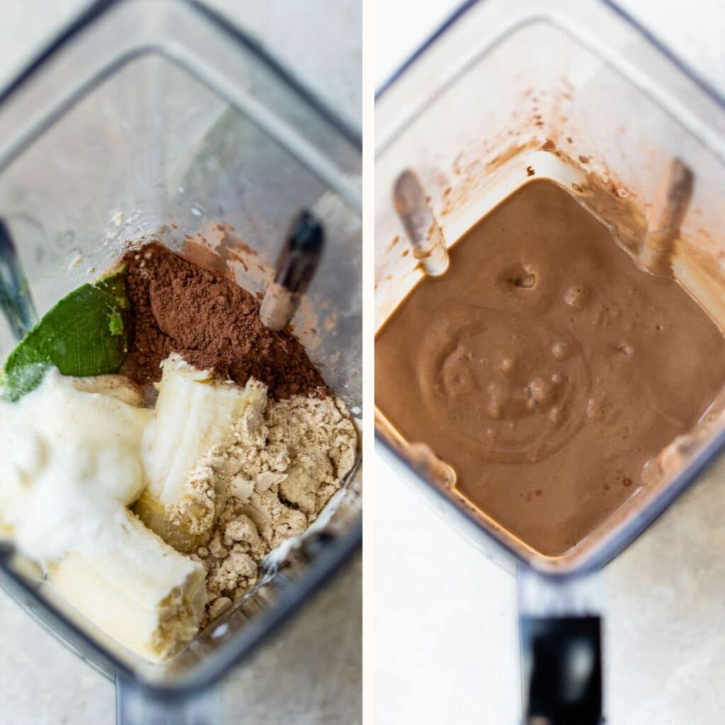 a blender with banana, cocoa powder, yogurt and other smoothie ingredients on the left and blended into a smoothie on the right