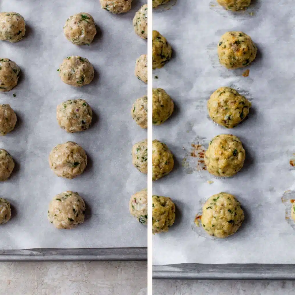raw and baked chicken meatballs on a baking sheet