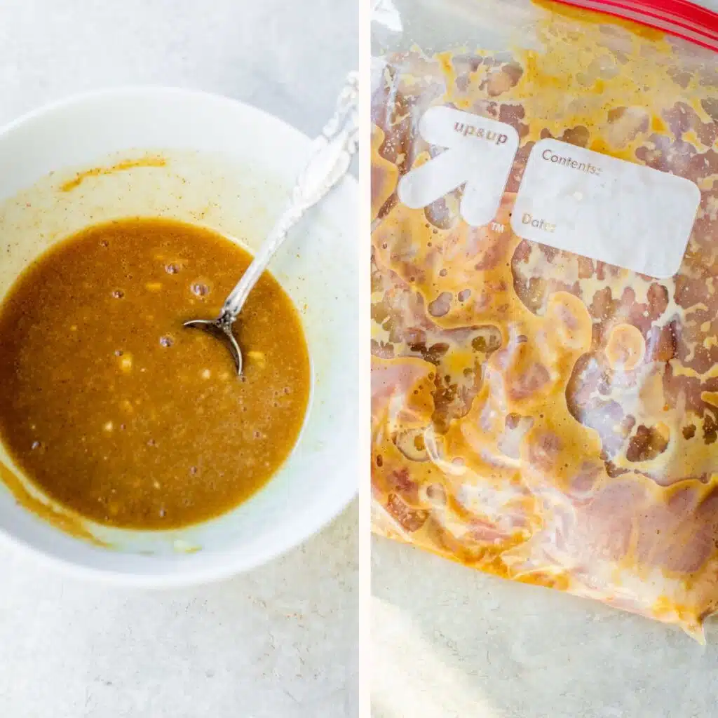 marinade in a bowl on the left and raw chicken thighs marinating in a ziploc bag on the right