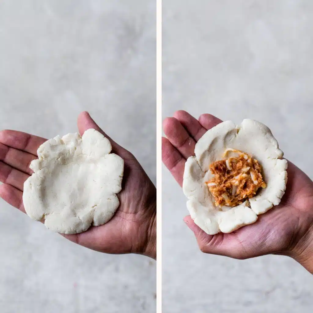a disc of dough in someone's hand on the left and filled with refried beans on the right