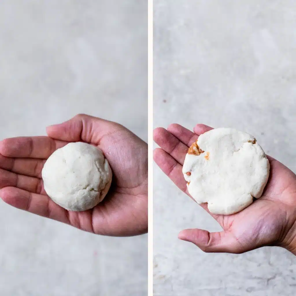 someone's hand holding a ball of dough on the left and flattened into a disc on the right