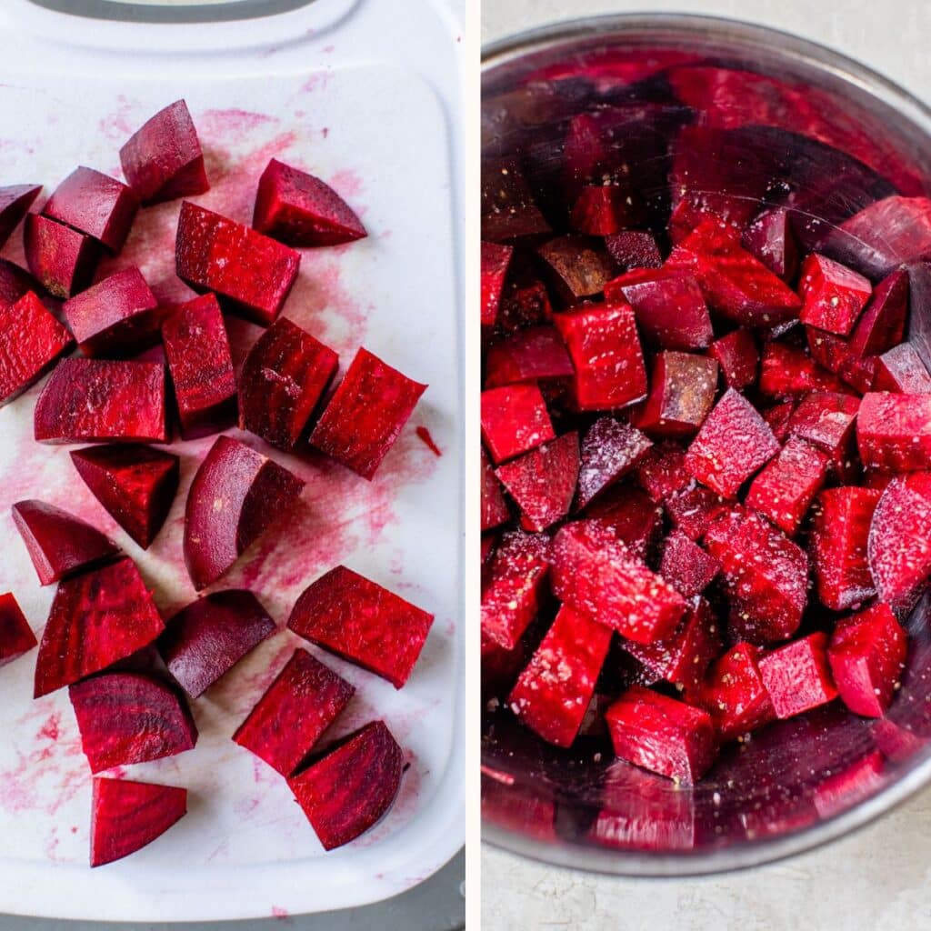 raw chopped beets on a cutting board and in a bowl