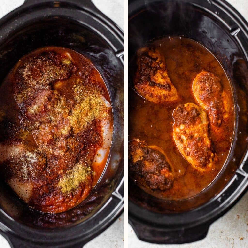 raw chicken, salsa and spices in a slow cooker on the left and cooked chicken on the right