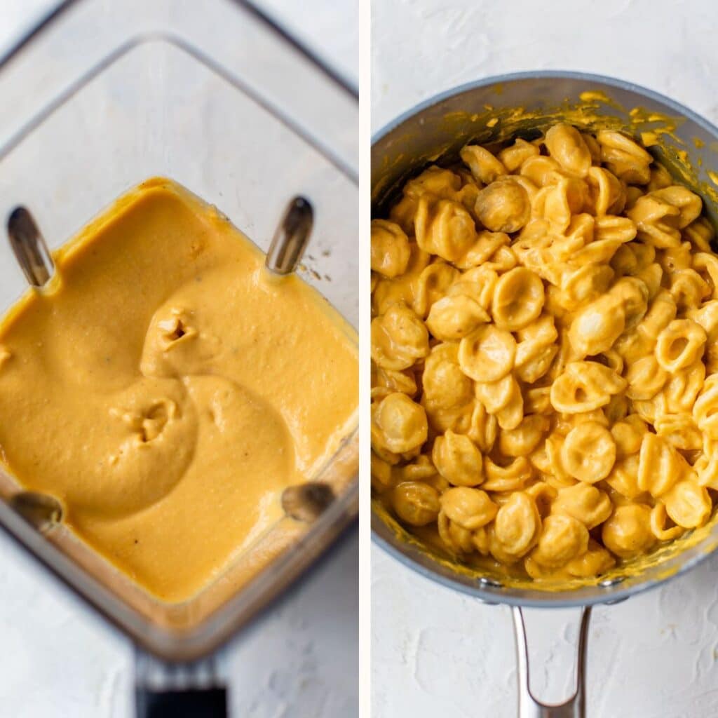 cheese sauce in a blender on the left and cheese covered pasta in a saucepan on the right