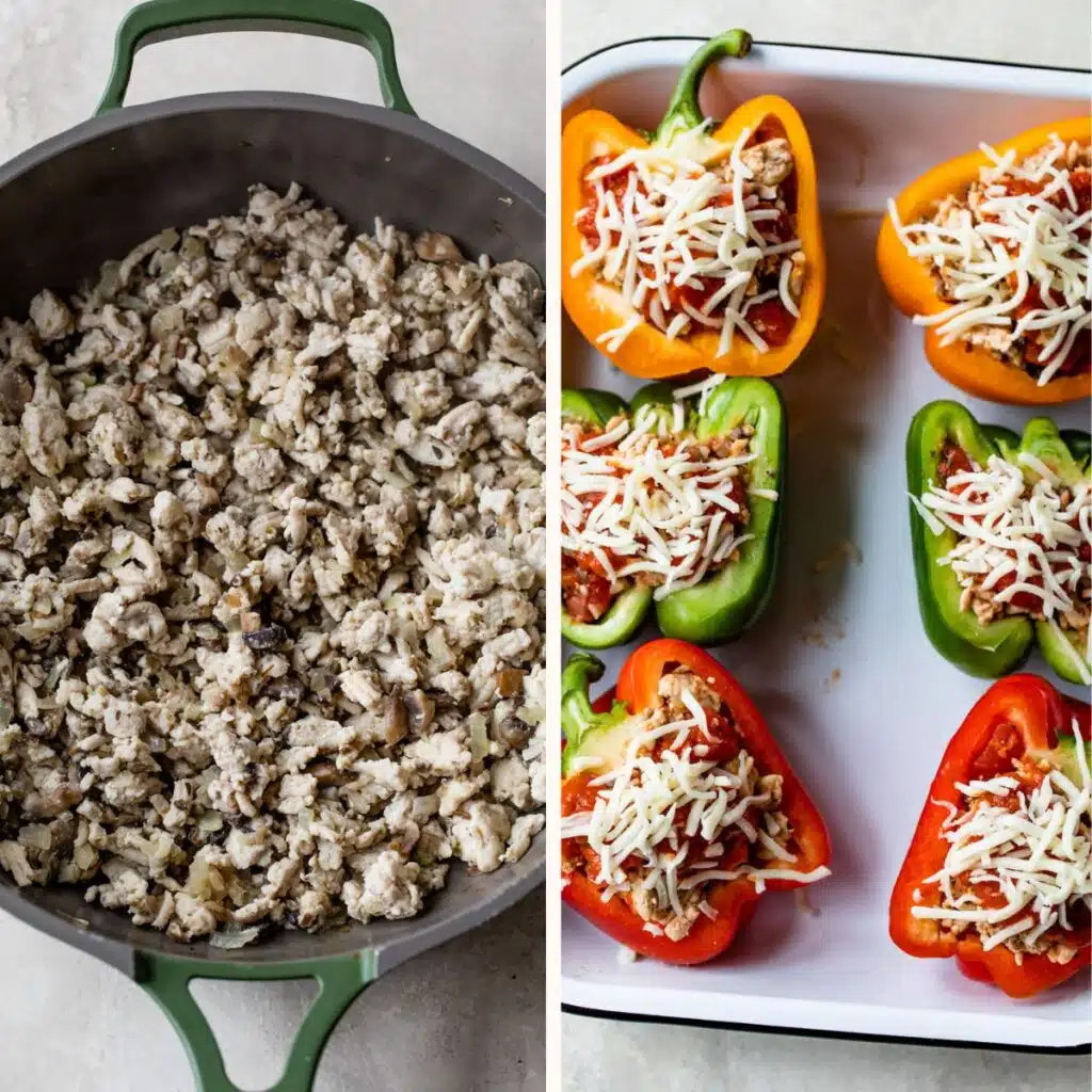 2 images: the left image is of ground turkey in a skillet and the right image is of stuffed peppers with shredded cheese on top