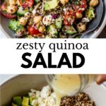 2 images: the top image shows the quinoa bowl with all of the dressing and vegetables mixed together and the bottom image shows the dressing being poured overtop the salad