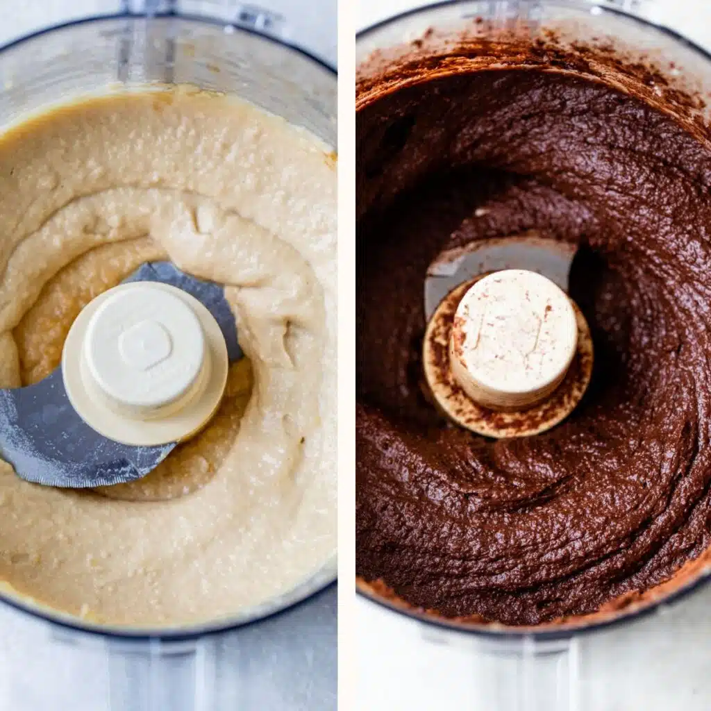 side-by-side photos with the left photo showing blended chickpeas and the right photo showing the chickpeas and chocolate blended together