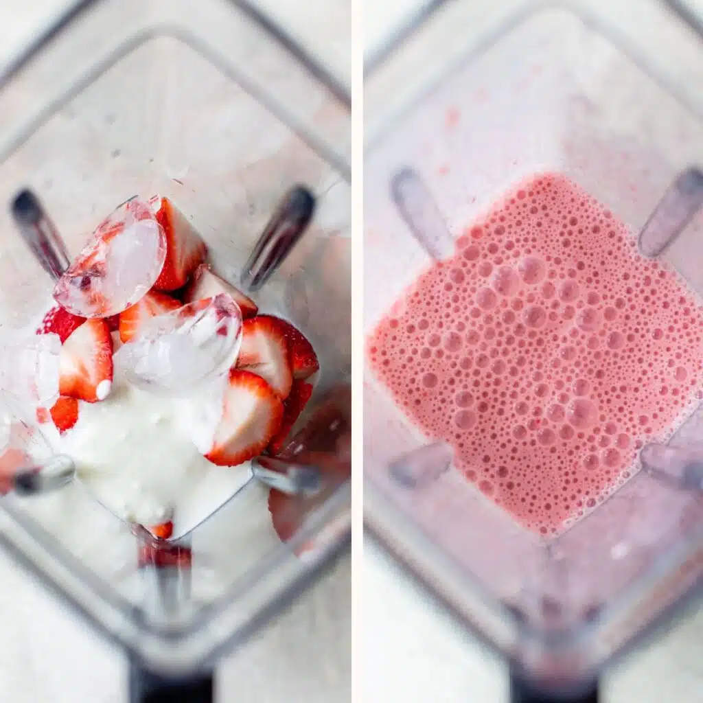 strawberries, yogurt and milk in a blender on the left and blended together on the right
