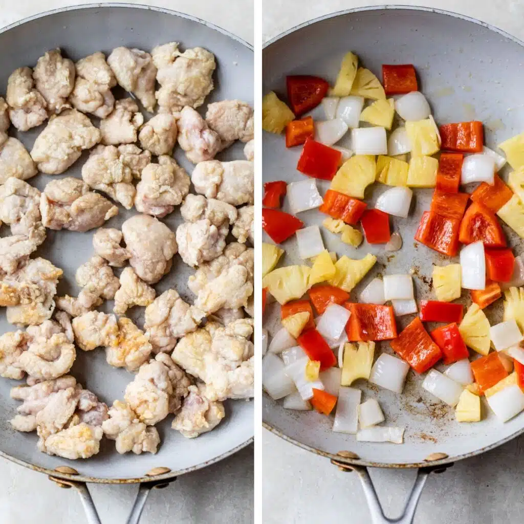 2 images: the right image shows peppers and onions sautéing while the left image shows chicken pieces cooking