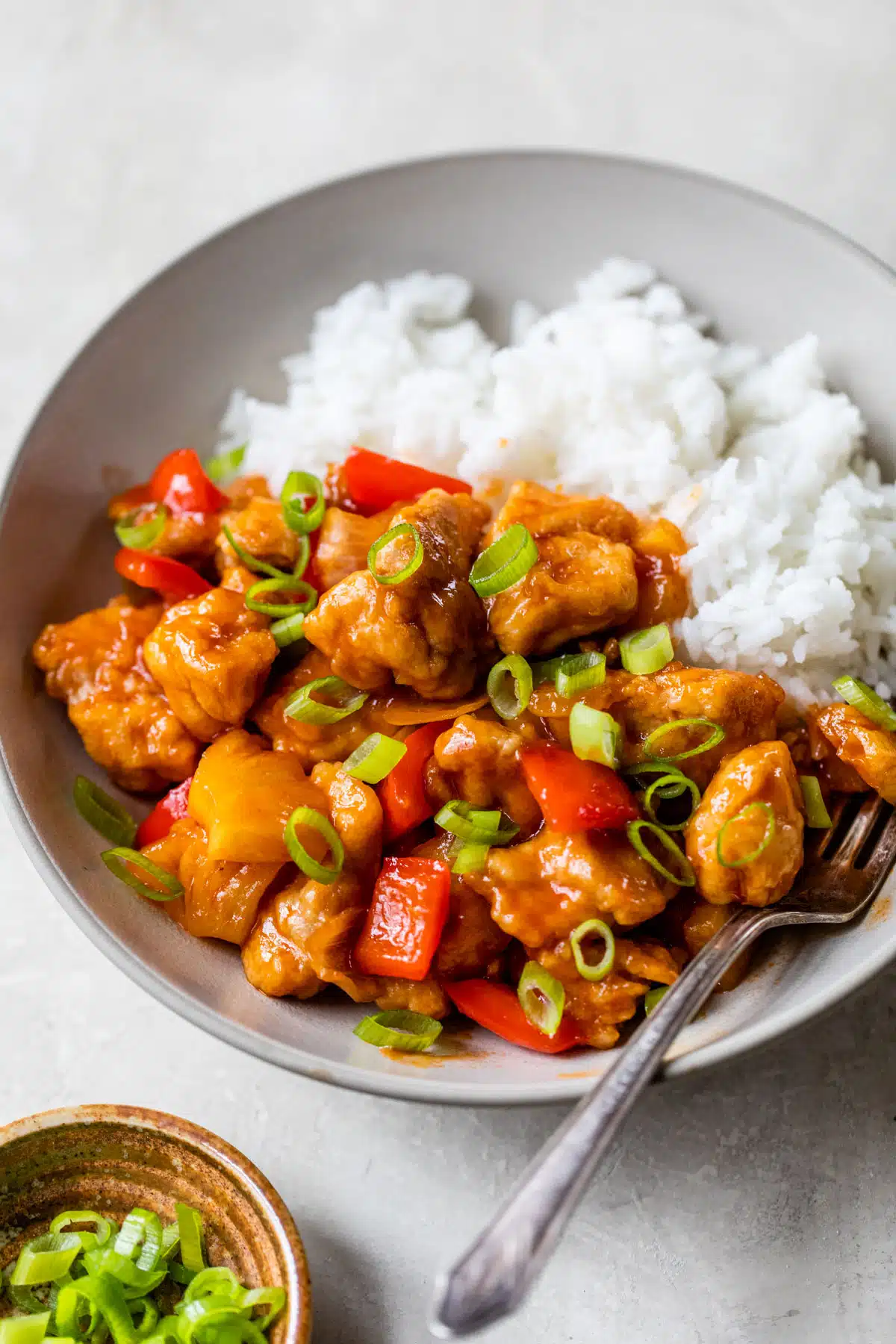 bowl of rice with sweet and sour chicken