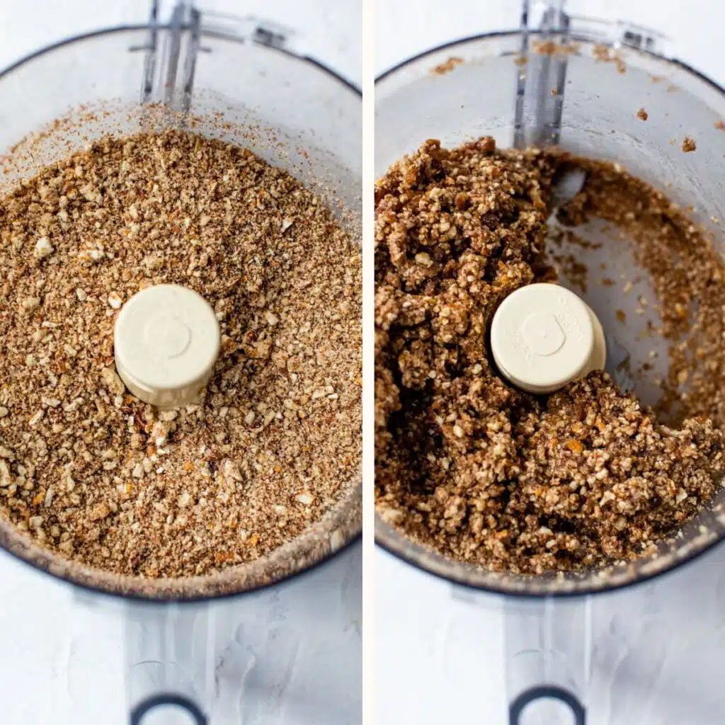 crushed pretzels in a food processor on the left and with dates and maple syrup added in on the right