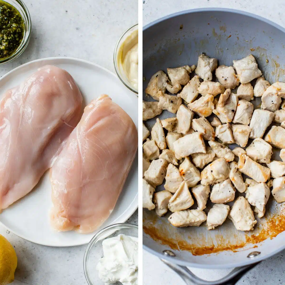 2 images: the left image shows the raw chicken breasts on a plate and the right image shows the chicken pieces grilling in a skillet