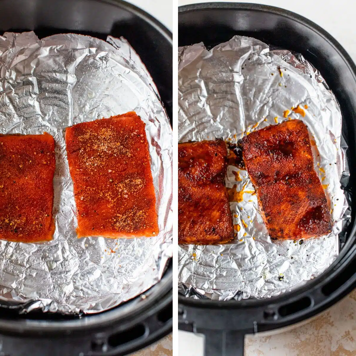 2 images: the left image shows raw salmon being put into the air fryer and the right image shows the salmon being flipped halfway through cooking in the air fryer