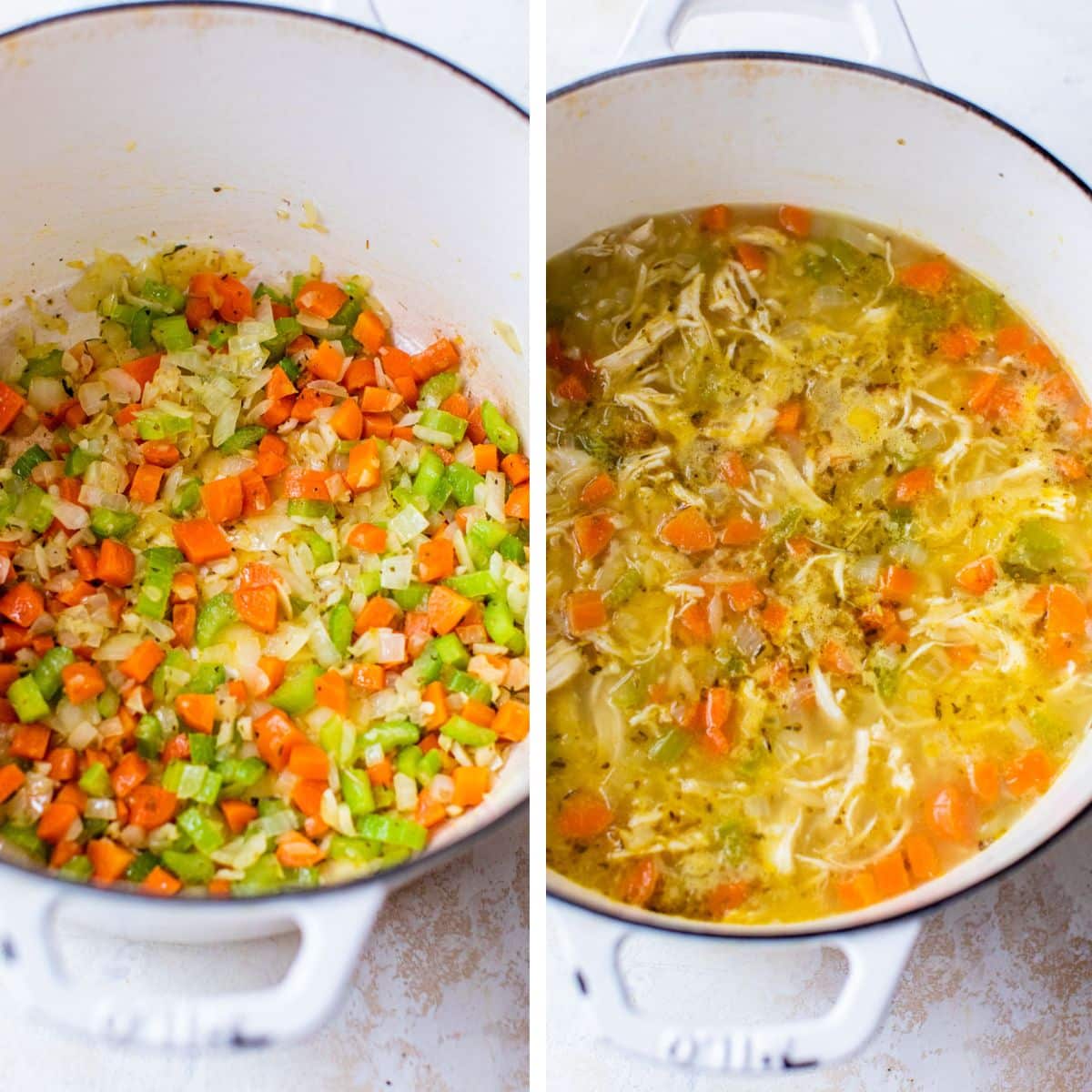 2 images: the left image shows vegetables cooking in a dutch oven and the right image shows the vegetables mixed with broth and chicken
