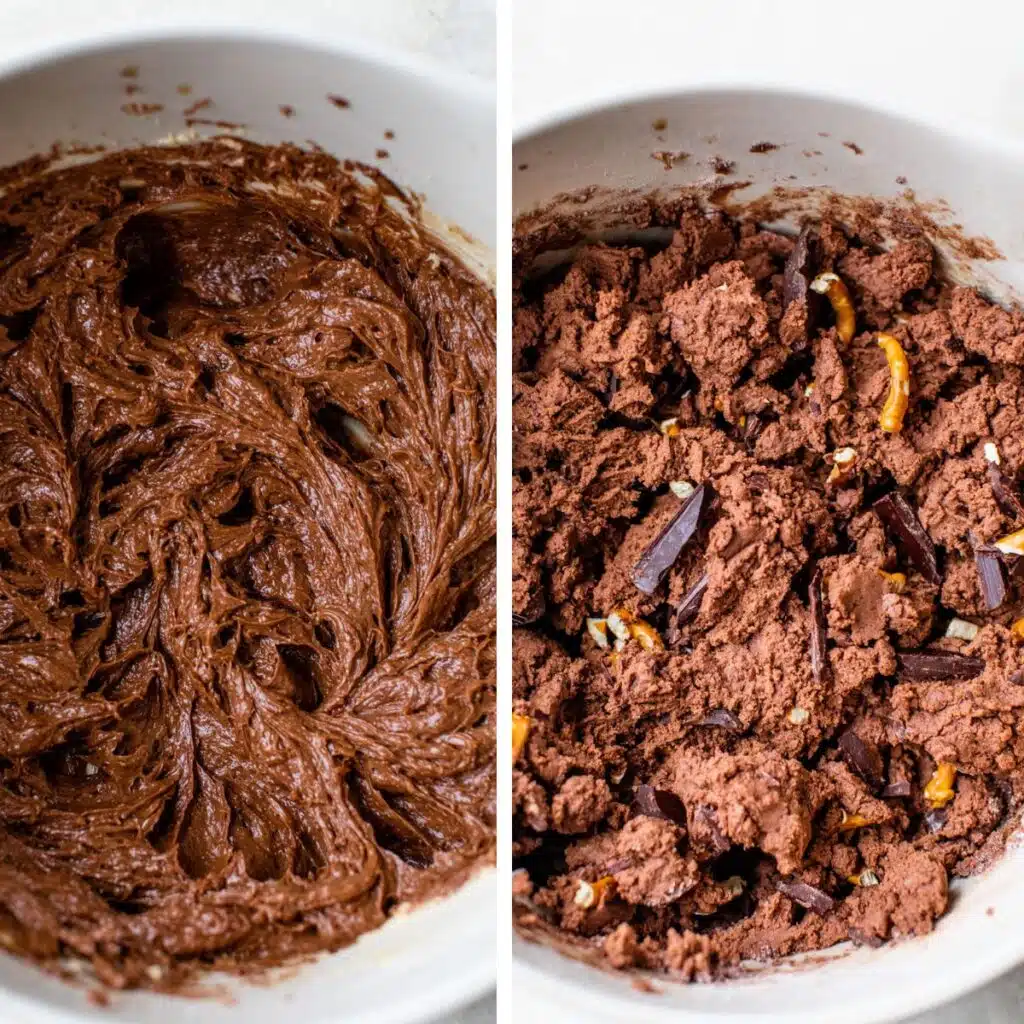 two images: on the left is chocolate batter in a mixing bowl and on the right is chocolate cookie dough with chopped chocolate and pretzels