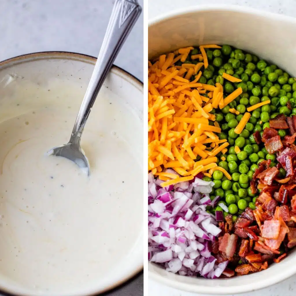 2 images: yogurt-based dressing in a bowl on the left and a large bowl filled with peas, bacon, red onion, and shredded cheese on the right